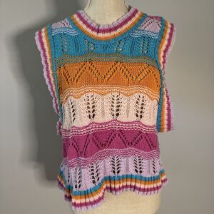 Strangers & Lovers Colorful Knit Open Crochet Sleeveless Sweater Size Medium
